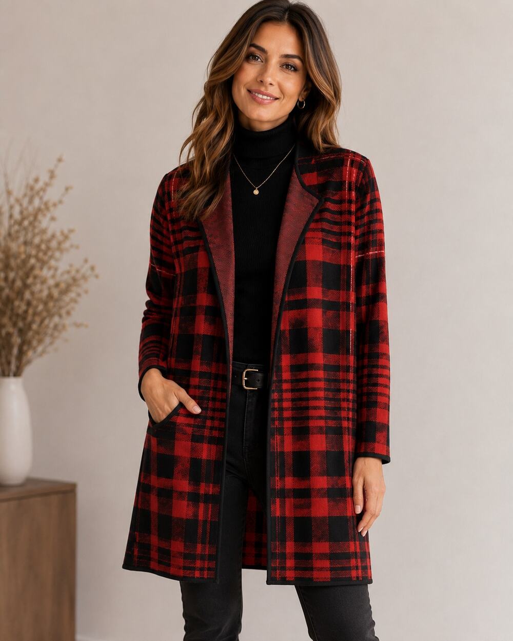 Talbots Red Plaid Long Open Front Cardigan Cotton Rayon Blend Size L